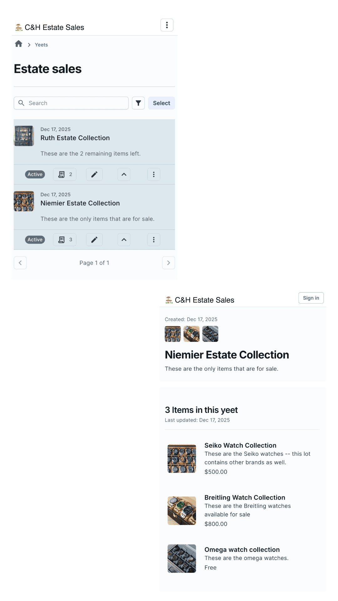 Example resale inventory preview